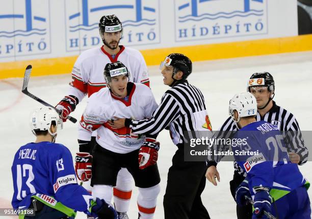 Istvan Sofron of Hungary argues with Robert Sabolic of Slovenia during the 2018 IIHF Ice Hockey World Championship Division I Group A match between...
