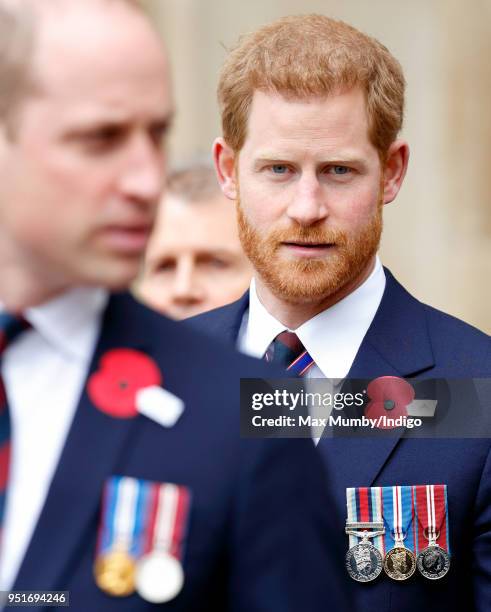 Prince William, Duke of Cambridge and Prince Harry attend an Anzac Day Service of Commemoration and Thanksgiving at Westminster Abbey on April 25,...