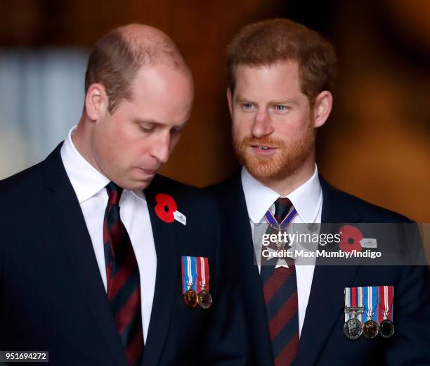 Prince William, Duke of Cambridge and Prince Harry attend an Anzac Day Service of Commemoration and Thanksgiving at Westminster Abbey on April 25,...