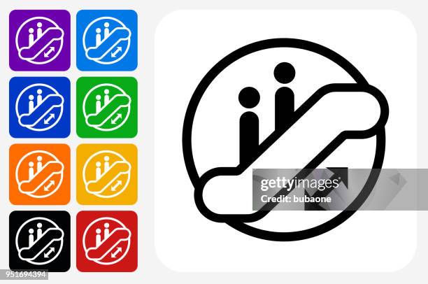 escalator icon square button set - escalator down stock illustrations