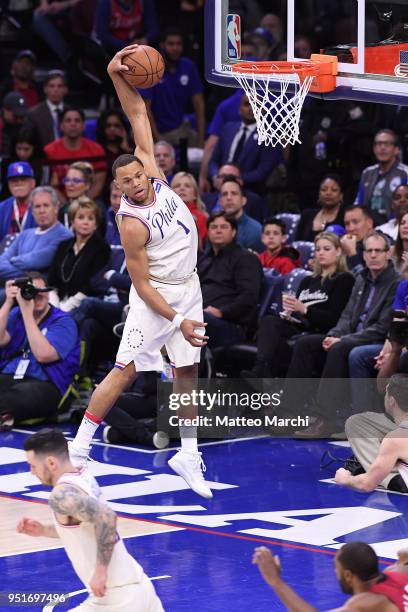 Justin Anderson of the Philadelphia 76ers grabs a rebound during the game against the Miami Heat in game five of round one of the 2018 NBA Playoffs...