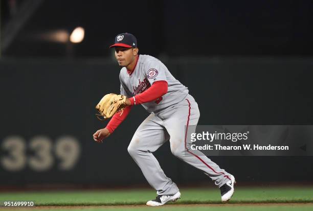 Adrian Sanchez of the Washington Nationals reacts to a batted ball against the San Francisco Giants in the bottom of the fifth inning at AT&T Park on...