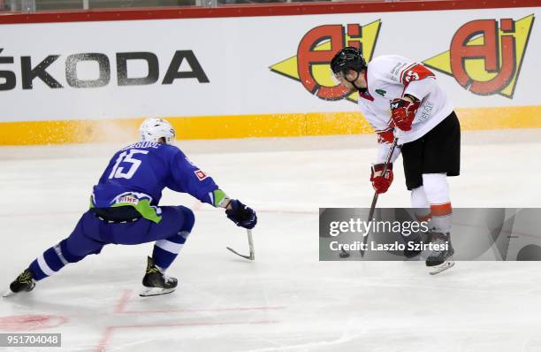 Blaz Gregorc of Slovenia tries to block the shot from Balint Magosi of Hungary during the 2018 IIHF Ice Hockey World Championship Division I Group A...