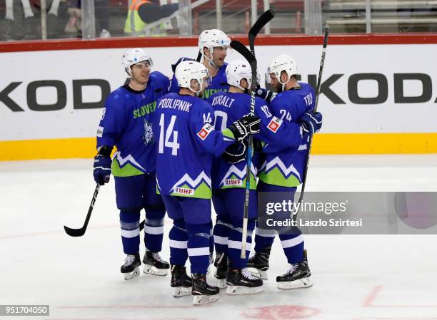 Ken Ograjensek of Slovenia, Matic Podlipnik of Slovenia, an unidentified player, Anze Kuralt of Slovenia and Rok Ticar of Slovenia celebrate the...