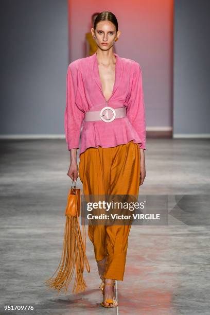 Model walks the runway at the Lilly Sarti fashion show during the SPFW N45 Spring Summer 2019 on April 23, 2018 in Sao Paulo, Brazil.