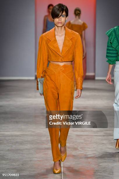 Model walks the runway at the Lilly Sarti fashion show during the SPFW N45 Spring Summer 2019 on April 23, 2018 in Sao Paulo, Brazil.