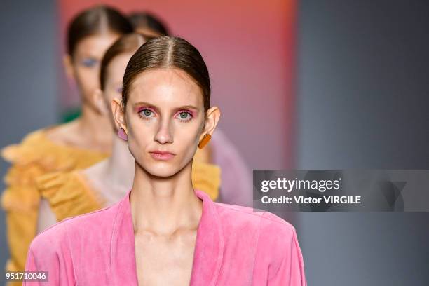 Model walks the runway at the Lilly Sarti fashion show during the SPFW N45 Spring Summer 2019 on April 23, 2018 in Sao Paulo, Brazil.