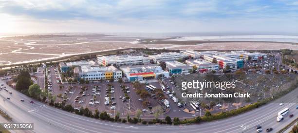 aerial drone of facebook headquarters in silicon valley, menlo park - jonathan clark stock pictures, royalty-free photos & images