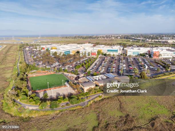 aerial drone of facebook headquarters in silicon valley, menlo park - jonathan clark stock pictures, royalty-free photos & images