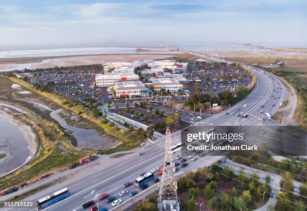 aerial drone of facebook headquarters in silicon valley, menlo park - jonathan clark stock pictures, royalty-free photos & images