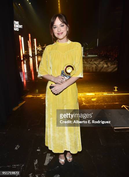 Actress Dakota Johnson, recipient of the Female Star of the Year award, attends the CinemaCon Big Screen Achievement Awards brought to you by the...