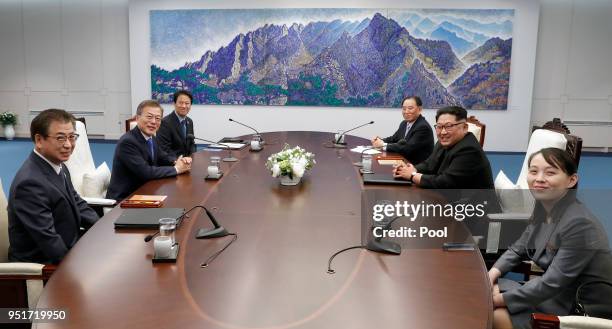 South Korean delegation including President Moon Jae-in and North Korean delegation including Leader Kim Jong Un sit down for the Inter-Korean Summit...