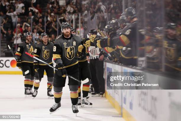 James Neal of the Vegas Golden Knights celebrates with teamamtes on the bench after scoring a power-play goal against the San Jose Sharks in the...