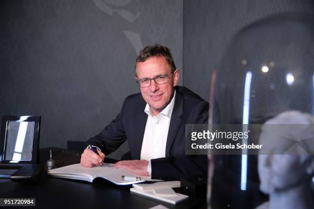 Ralf Rangnick, Sport Director of soccer club RB Leipzig, writes with a filler during the 27th Montblanc de la Culture Arts Patronage Award at...