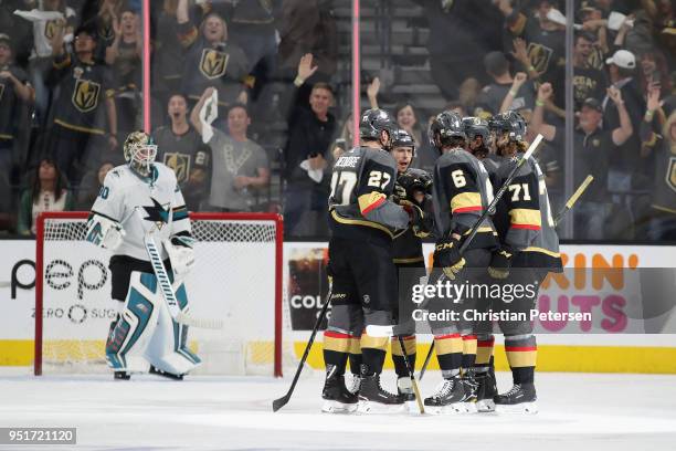 Shea Theodore, Jonathan Marchessault, Colin Miller and William Karlsson of the Vegas Golden Knights celebrate after Miller scored a power-play goal...