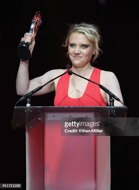 Actress Kate McKinnon acceots the Comedy Star of the Year award onstage during the CinemaCon Big Screen Achievement Awards brought to you by the...