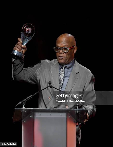Actor Samuel L. Jackson accepts the Cinema Icon Award onstage during the CinemaCon Big Screen Achievement Awards brought to you by the Coca-Cola...