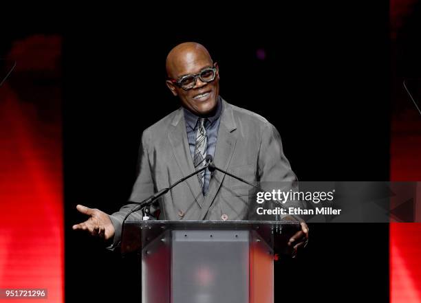 Actor Samuel L. Jackson accepts the Cinema Icon Award onstage during the CinemaCon Big Screen Achievement Awards brought to you by the Coca-Cola...