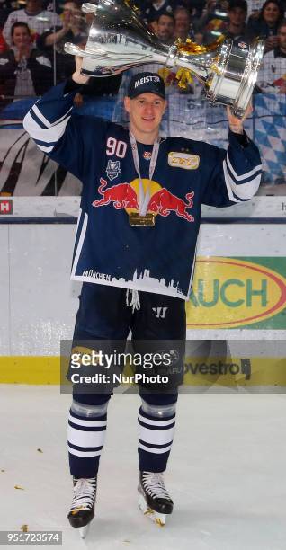 Jerome Flaake of Red Bull Munich after winning the DEL Playoff final match seven between EHC Red Bull Munich and Eisbaeren Berlin on April 26, 2018...