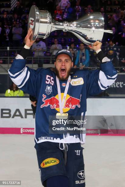 Ryan Button of Red Bull Munich after winning the DEL Playoff final match seven between EHC Red Bull Munich and Eisbaeren Berlin on April 26, 2018 in...