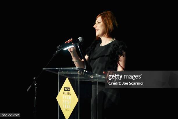 Brand Activation & Partnership Genevieve McGillicuddy speaks onstage during the screening of Stage Door during Day 1 of the 2018 TCM Classic Film...