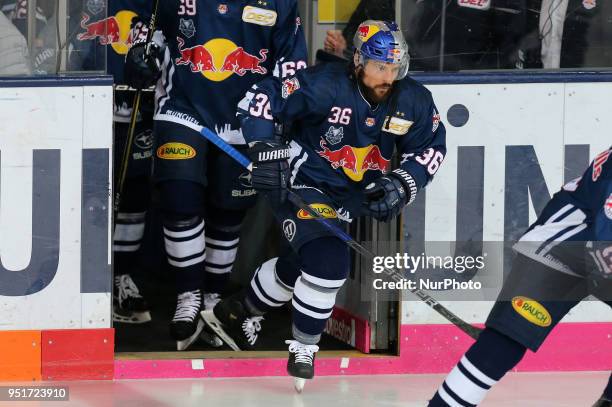 Yannic Seidenberg of Red Bull Munich during the DEL Playoff final match seven between EHC Red Bull Munich and Eisbaeren Berlin on April 26, 2018 in...