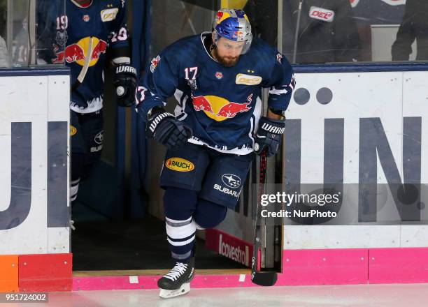 Brooks Macek of Red Bull Munich during the DEL Playoff final match seven between EHC Red Bull Munich and Eisbaeren Berlin on April 26, 2018 in...