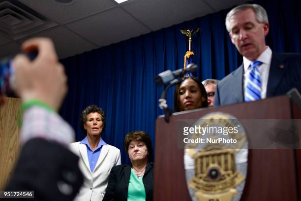 District Attorney Kevin Steele, with Andrea Constand and prosecutors on his side gives emotional remarks after the guilty verdict of Bill Cosby on...