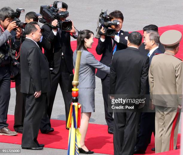 South Korean President Moon Jae-in greets North Korean leader Kim Jong Un's sister Kim Yo Jong during the official welcome ceremony ahead of the...