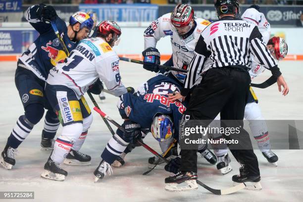 Patrick Hager of Red Bull Munichduring the DEL Playoff final match seven between EHC Red Bull Munich and Eisbaeren Berlin on April 26, 2018 in...