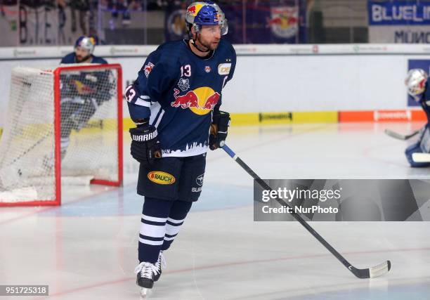 Michael Wolf of Red Bull Munich during the DEL Playoff final match seven between EHC Red Bull Munich and Eisbaeren Berlin on April 26, 2018 in...