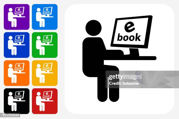person reading ebook icon square button set - using ipad white background stock illustrations