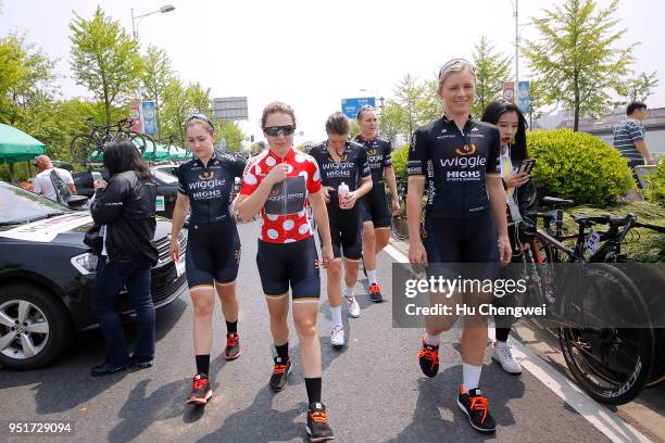 Start / Lucy Garner of Great Britain and Team Wiggle High5 Polka Dot Mountain Jersey / Annette Edmondson of Australia / during the 12th Tour of...