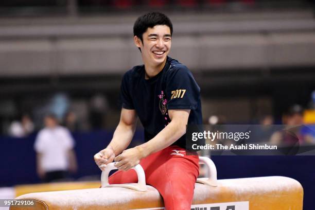 Kenzo Shirai in action during a training session ahead of the All Japan Artistic Gymnastics Championships at the Tokyo Metropolitsan Gymnasium on...