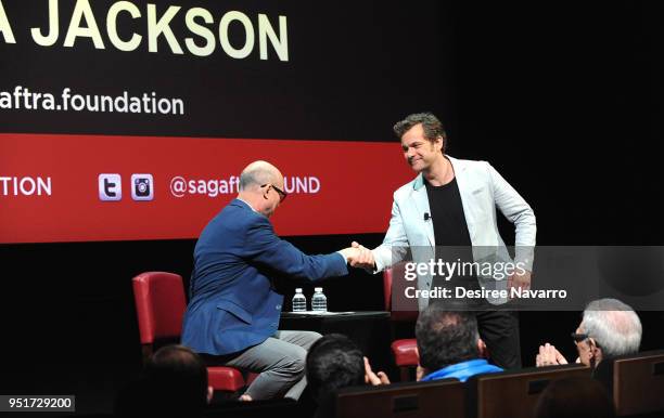 Actor Joshua Jackson speaks with moderator Richard Ridge during SAG-AFTRA Foundation Conversations On Broadway at The Robin Williams Center on April...