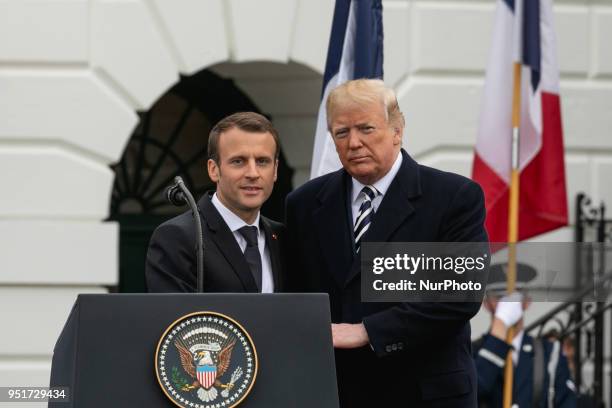 French President Emmanuel Macron, and U.S. President Donald Trump at the arrival ceremony for President Macron on the South Lawn of the White House...