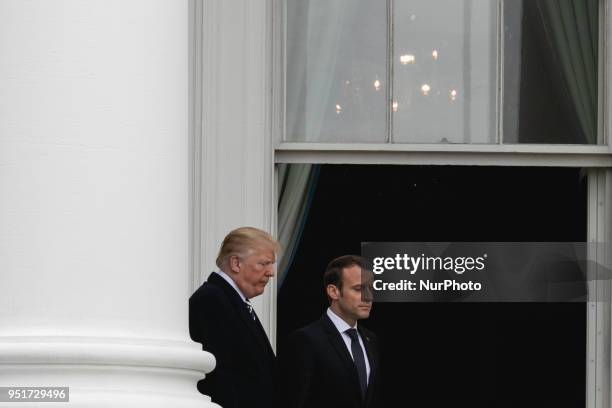 President Donald Trump, and French President Emmanuel Macron, on the Truman Balcony of the White House at the arrival ceremony for President Macron,...