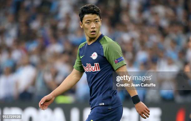 Hee-Chan Hwang of RB Salzburg during the UEFA Europa League semi final first leg match between Olympique de Marseille and FC Red Bull Salzburg at...