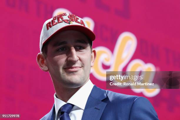 Josh Rosen of UCLA reacts after being picked overall by the Arizona Cardinals during the first round of the 2018 NFL Draft at AT&T Stadium on April...