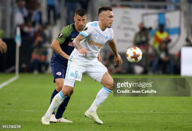 Lucas Ocampos of OM, Stefan Lainer of RB Salzburg during the UEFA Europa League semi final first leg match between Olympique de Marseille and FC Red...