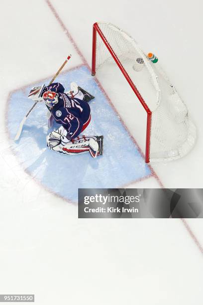 Sergei Bobrovsky of the Columbus Blue Jackets makes a save in Game Six of the Eastern Conference First Round during the 2018 NHL Stanley Cup Playoffs...