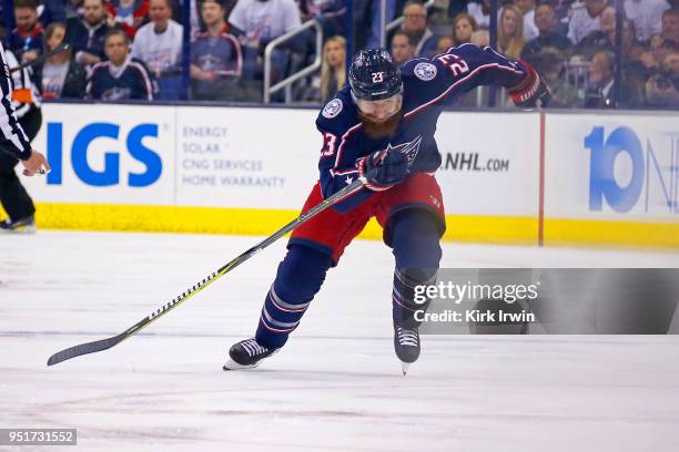 Ian Cole of the Columbus Blue Jackets skates after the puck in Game Six of the Eastern Conference First Round during the 2018 NHL Stanley Cup...