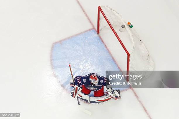 Sergei Bobrovsky of the Columbus Blue Jackets makes a save in Game Six of the Eastern Conference First Round during the 2018 NHL Stanley Cup Playoffs...