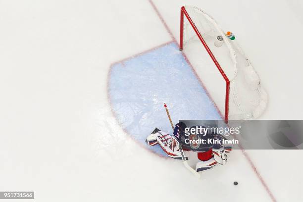 Sergei Bobrovsky of the Columbus Blue Jackets makes a save in Game Six of the Eastern Conference First Round during the 2018 NHL Stanley Cup Playoffs...