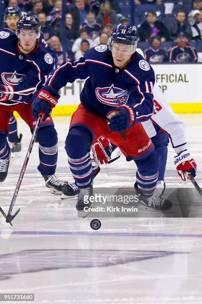 Matt Calvert of the Columbus Blue Jackets skates after the puck in Game Six of the Eastern Conference First Round during the 2018 NHL Stanley Cup...