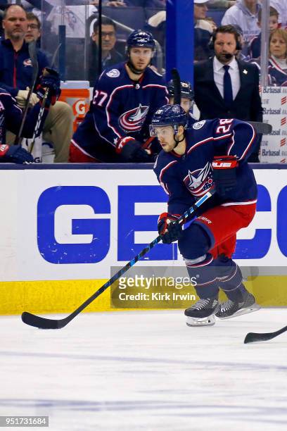 Oliver Bjorkstrand of the Columbus Blue Jackets controls the puck in Game Six of the Eastern Conference First Round during the 2018 NHL Stanley Cup...