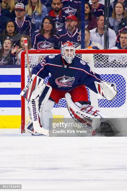 Sergei Bobrovsky of the Columbus Blue Jackets follows the puck in Game Six of the Eastern Conference First Round during the 2018 NHL Stanley Cup...