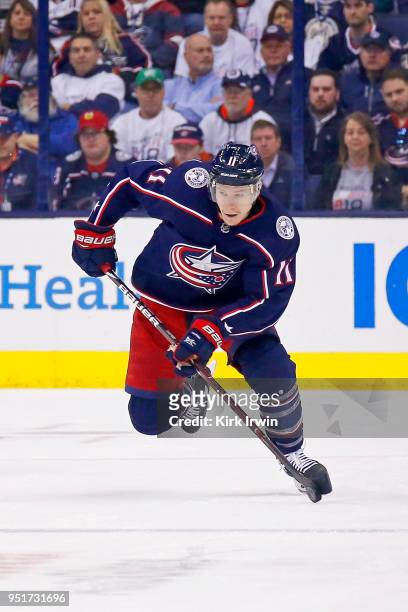 Matt Calvert of the Columbus Blue Jackets controls the puck in Game Six of the Eastern Conference First Round during the 2018 NHL Stanley Cup...