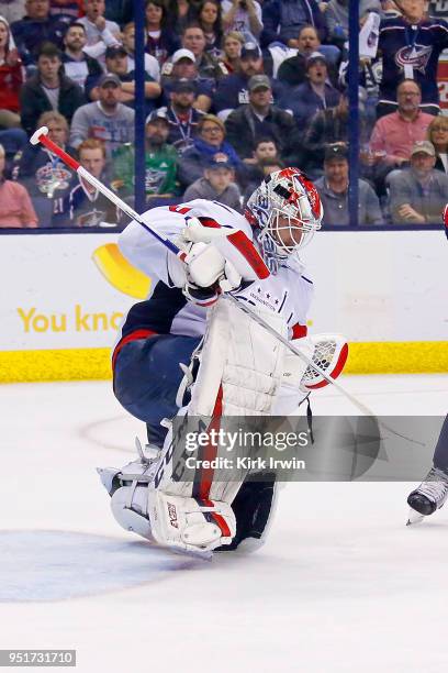 Braden Holtby of the Washington Capitals makes a save in Game Six of the Eastern Conference First Round during the 2018 NHL Stanley Cup Playoffs...