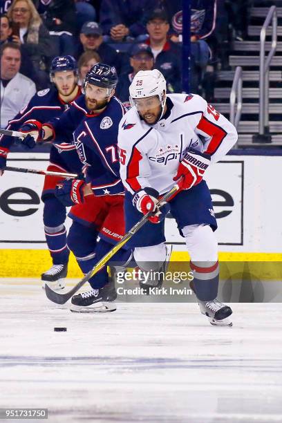 Devante Smith-Pelly of the Washington Capitals controls the puck in Game Six of the Eastern Conference First Round during the 2018 NHL Stanley Cup...